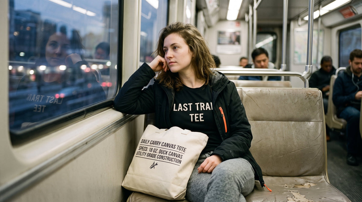 Commuter wearing the Last Train Tee with the Daily Carry Canvas Tote