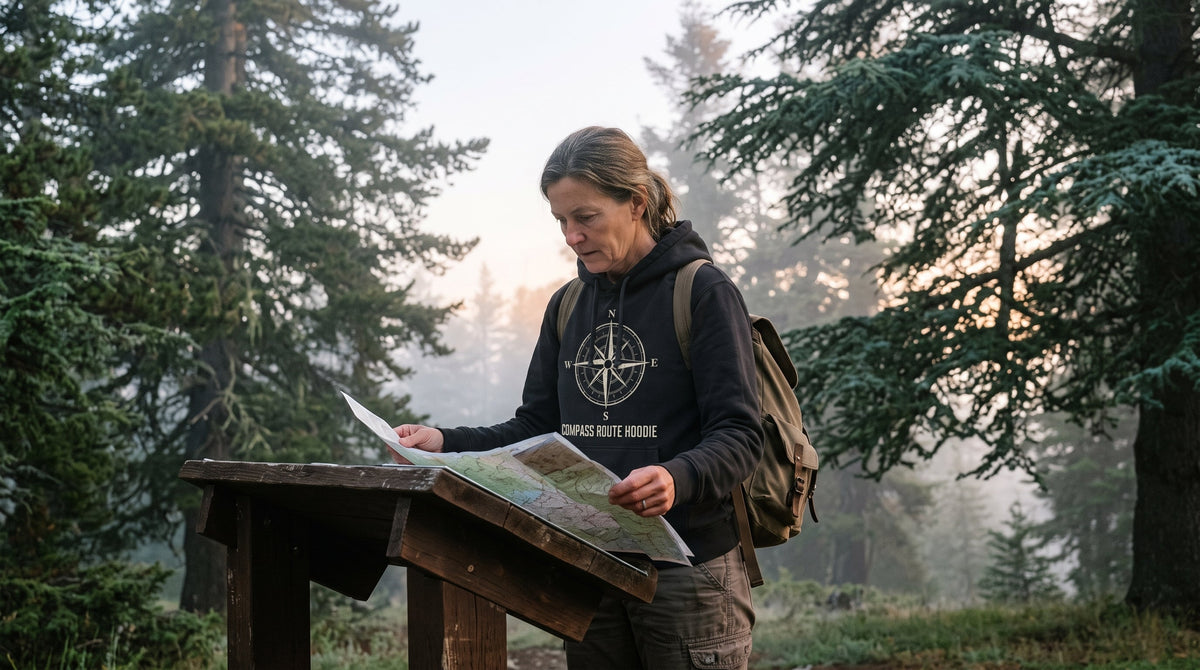 Hiker wearing the Compass Route Hoodie at a trailhead