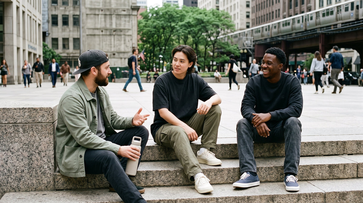 Friends in Fearless everyday essentials on city steps