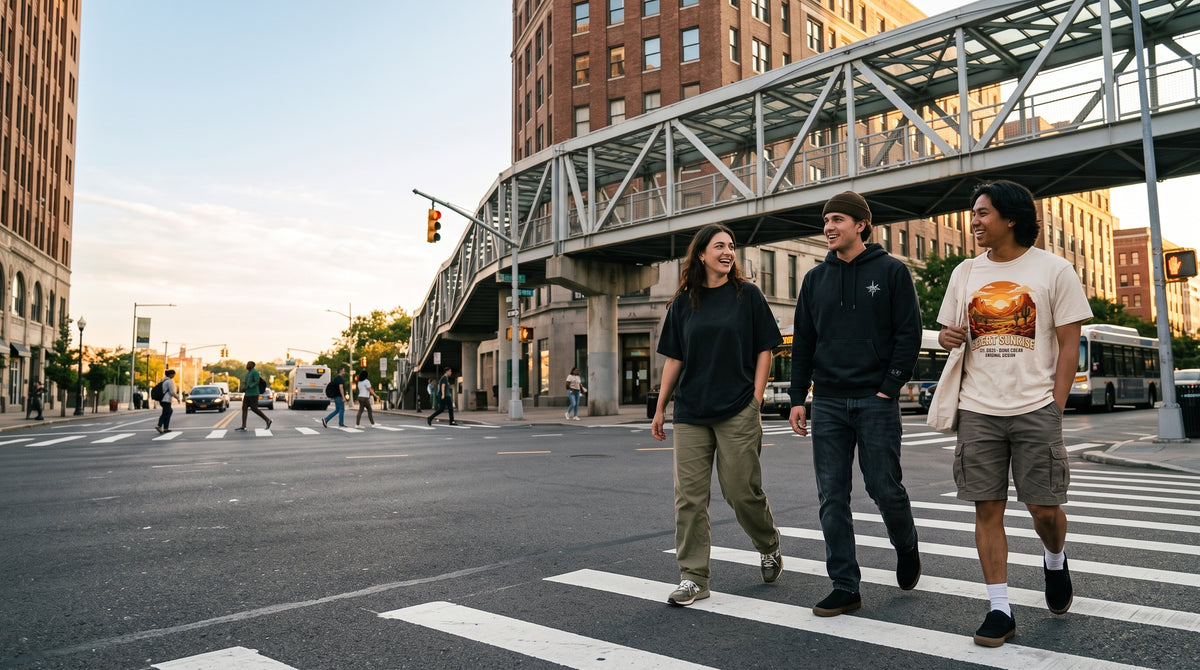 Friends crossing a city intersection in Fearless tees and hoodies