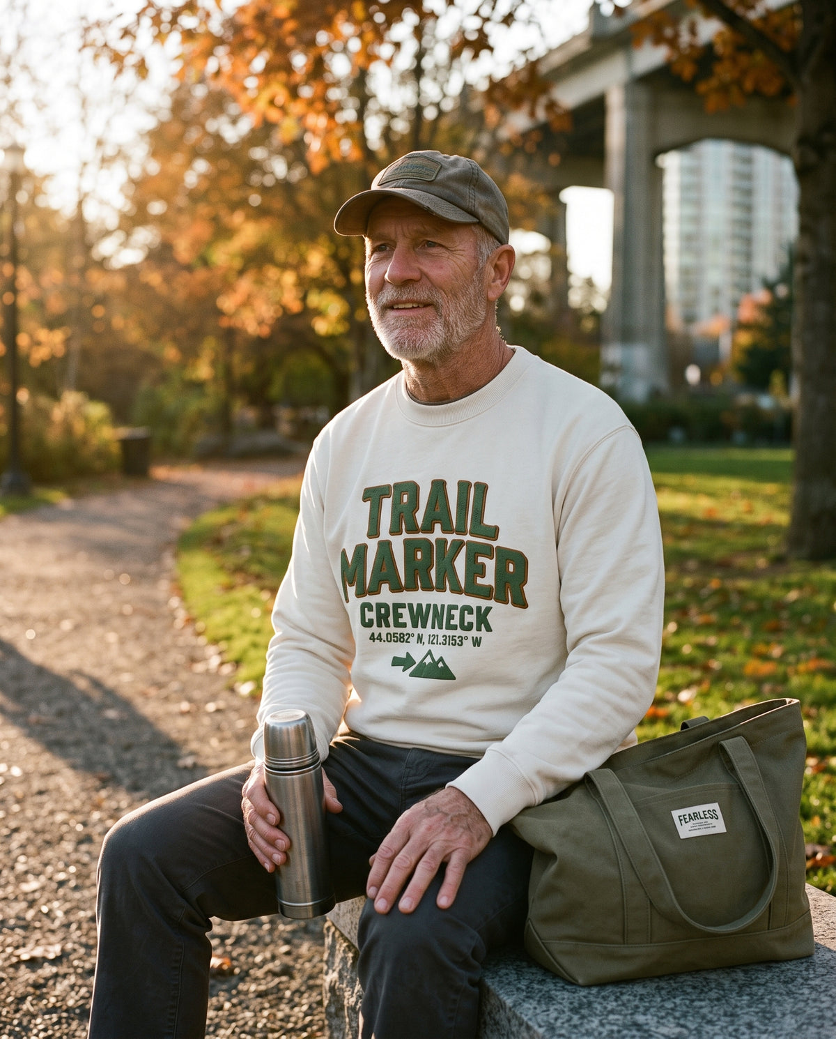 Customer wearing the Trail Marker Crewneck