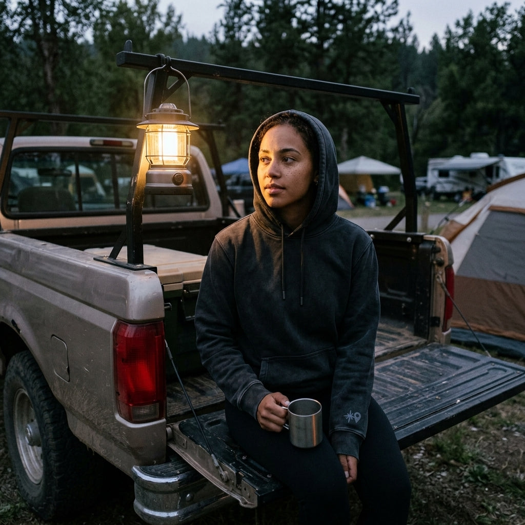 Waypoint Hoodie at the campsite