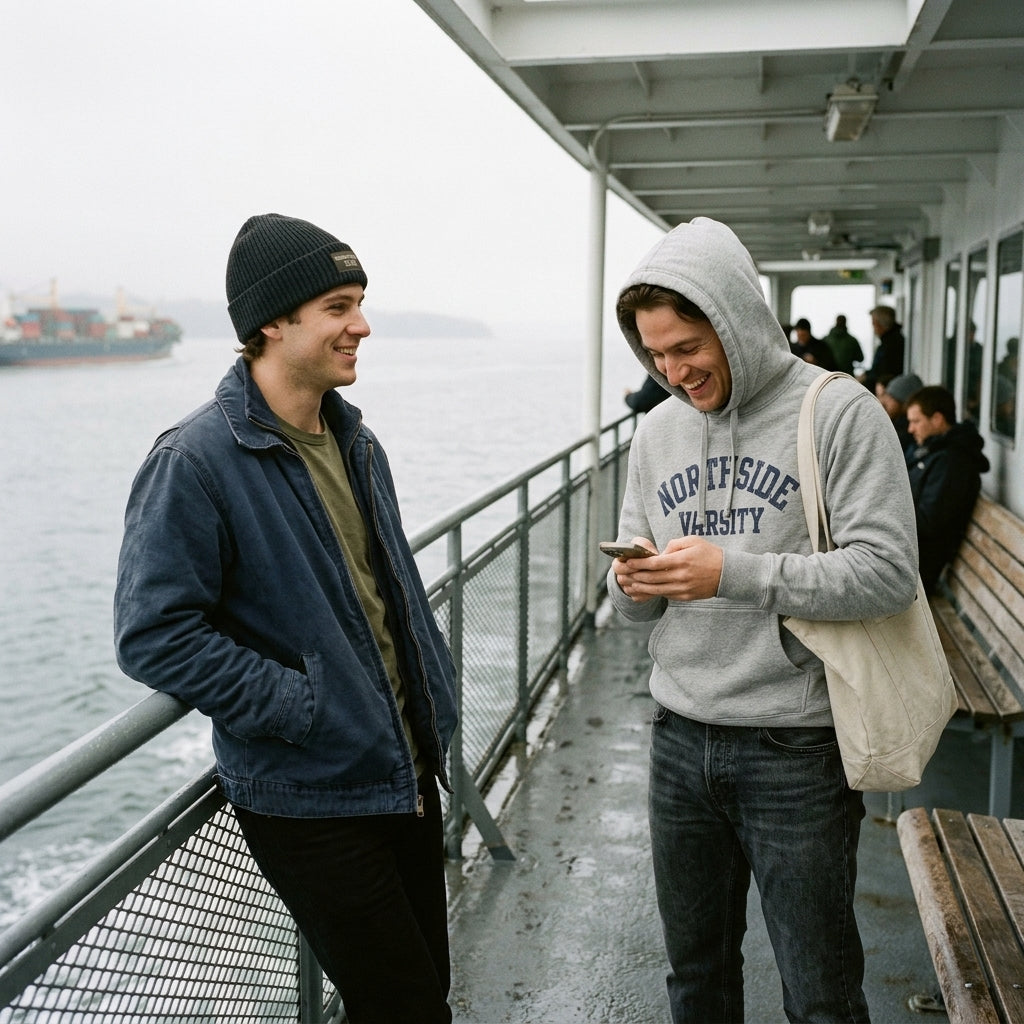 Harbor Watch Cap Beanie and Northside Varsity Hoodie on a ferry