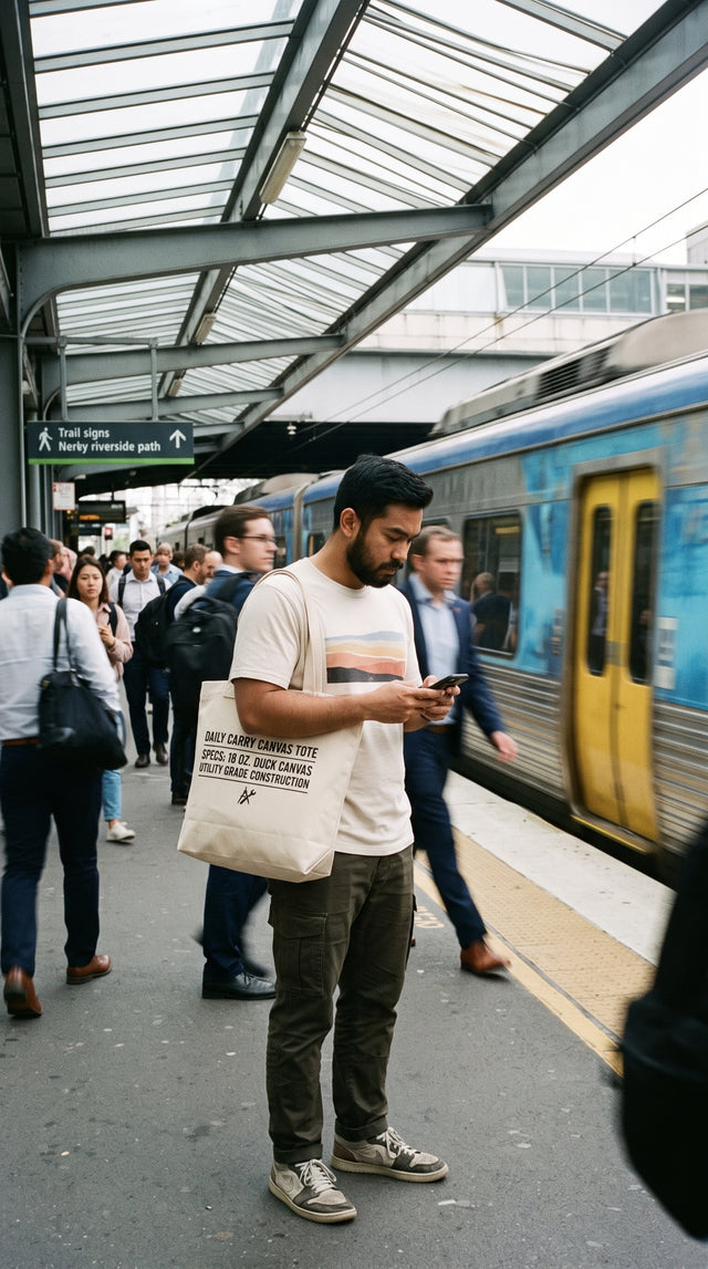 Daily Carry Canvas Tote on the train platform